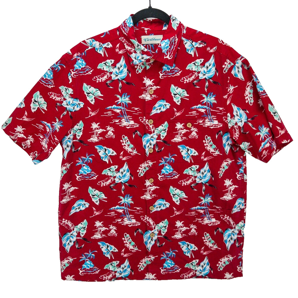 Caribbean Men's Medium Hawaiian Shirt Red Floral Hidden Travel Pockets